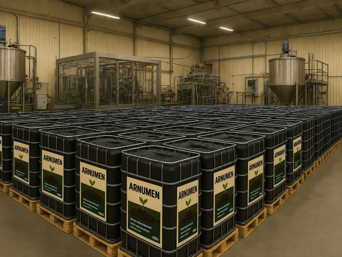 Pallets of black drums stacked in a warehouse