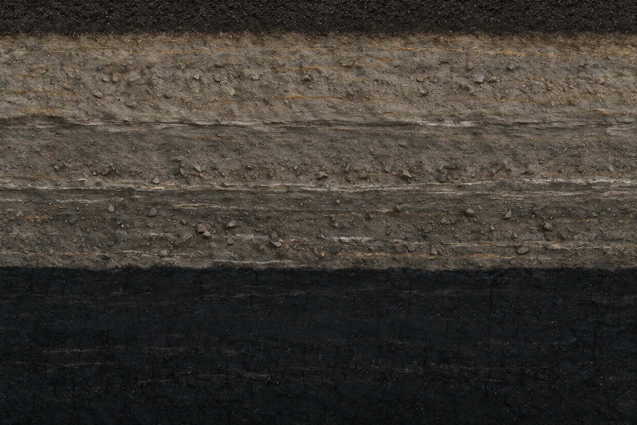 Cross-section of a lignite deposit: a thin dark topsoil crust, thick bedded mineral rock overburden with stone fragments, and a black coal seam beneath it