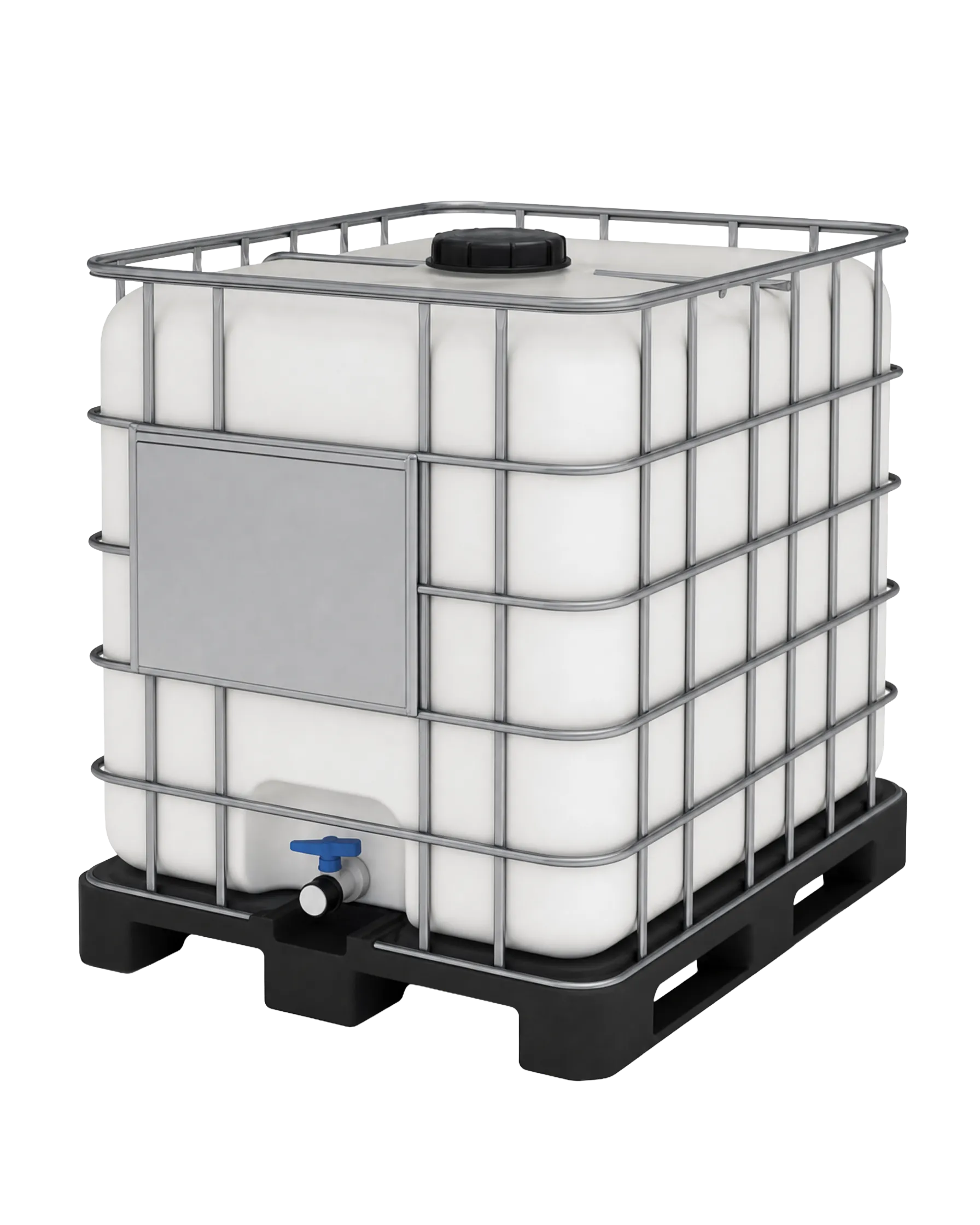 A 1000-litre intermediate bulk container: a white HDPE bottle in a tubular steel cage on a plastic pallet base