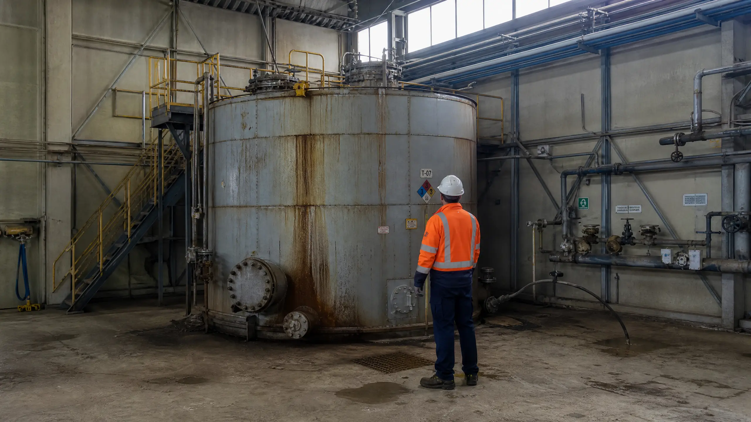 A worker in high-visibility clothing beside a large steel extraction vessel